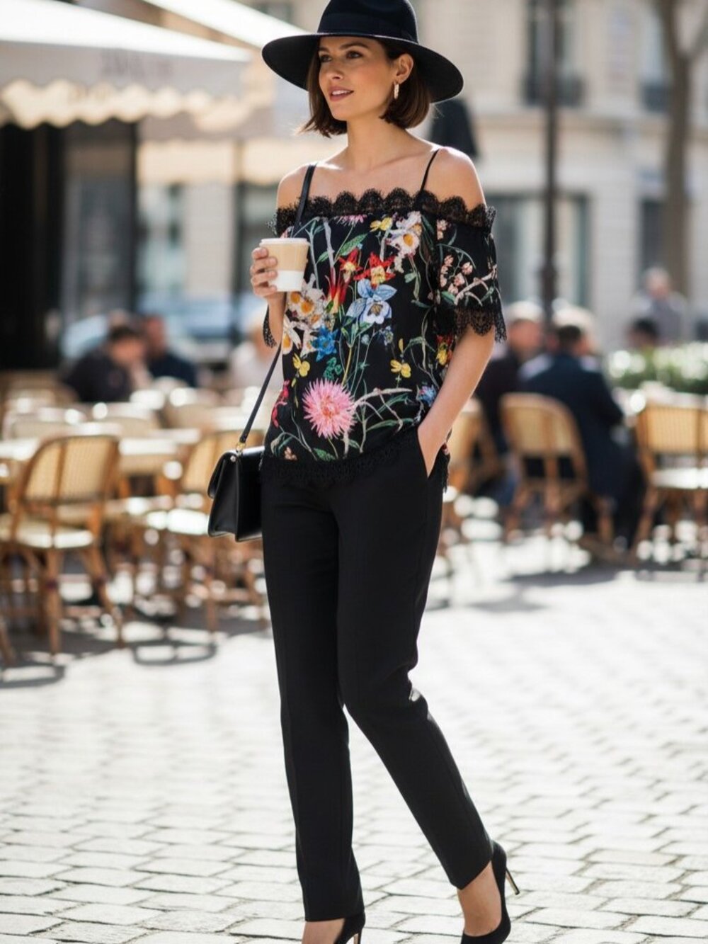 Delfi collective Floral Print Square Neckline Lace Detail Off Shoulder Blouse S